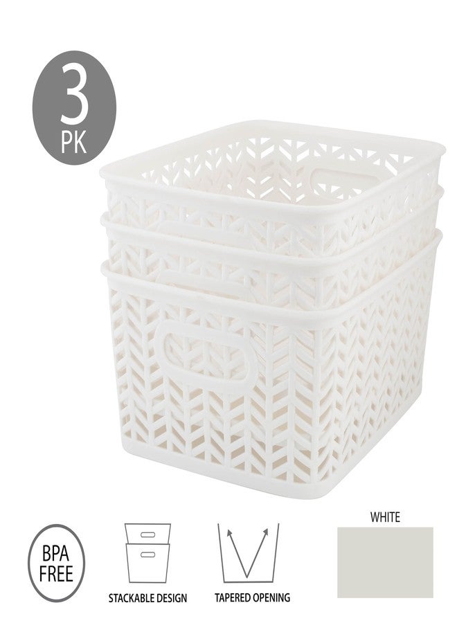 Simplify 3 Pack Small Herringbone Storage Basket | Dimensions: 10"x8"x4" | Light Weight | Two Open Handles | White | Organization | Many Uses | Kitchen Storage | Bathroom Storage | - Image 3
